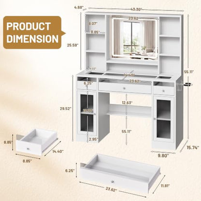 LIVELYGLOW 43.3" White Large Makeup Vanity Desk with Glass Top & RGB Lights - color: White/Transparent