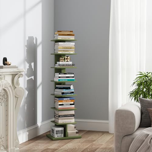 TUTOTAK Book Shelf, Narrow Spine Bookshelf, 8-Tier Bookcase for Small Space | 10.4 x 13.4 x 47.5 Inches Vertical Freestanding Corner Shelf for Living Room, Office, Study, Entryway, Olive Green BS06BOG008 - color: Olive Green, size: 8 Tier