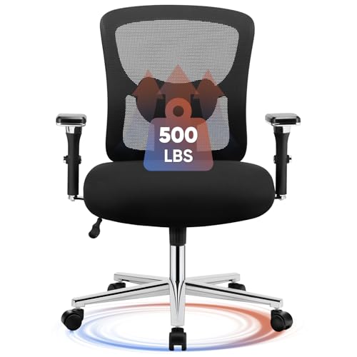 DUMOS Big and Tall Office Desk Chair, 500lbs Heavy Duty Mesh Chair | Ergonomic 4D Armrest, Comfortable Lumbar Support, Wide Seat, 360° Swivel Rolling Wheels, Adult, Black - color: Black