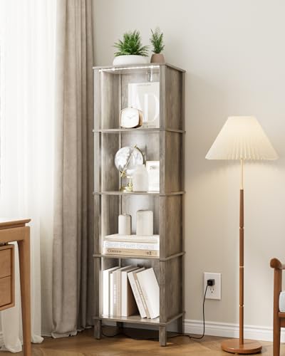Book Shelf with LED Lights, Modern 4-Tier Bookcase, Open Storage Bookshelf, 11 × 14.2 × 50.4 Inches, Small Narrow Bookshelves for Living Room, Home Office, Bedroom, Gray - color: Grey