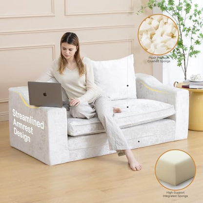 61" Boneless Loveseat Sleeper, Folding Sofa Bed, Diamond Velvet Cover,White | Memory Foam Pull Out Futon Bed with Removable Washable Cover, Space-Saving Fold Out Couch for Living Room & Guest Room - color: White