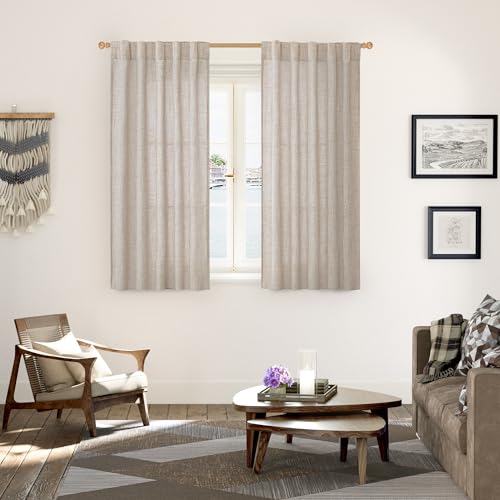 YoungsTex Linen Curtains 48 Inch Length, Shor Drapes Semi Sheer for Window | Rod Pocket Back Tab Beige Light Filtering Natural Textured for Bathroom Bedroom Living Room Windows, 2 Panels, 42 X 48 Inch - color: Natural, size: 42"W x 48"L (Pack of 2)