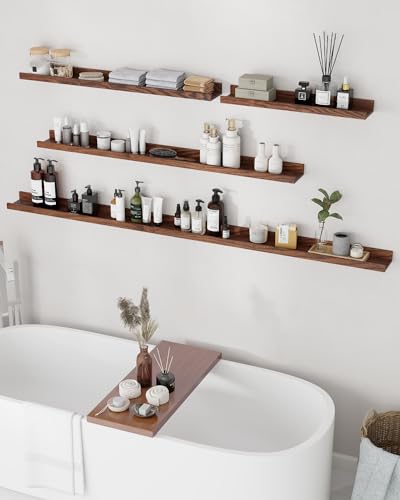 Oak Picture Ledge Shelf, 24 Inch Floating Shelves Set of 2, Solid Oak Wood Wall Shelves with Lip, Wall Decor Storage for Bedroom Living Room Bathroom Kitchen Nursery Photo Picture, Walnut - color: Walnut, size: 24inch