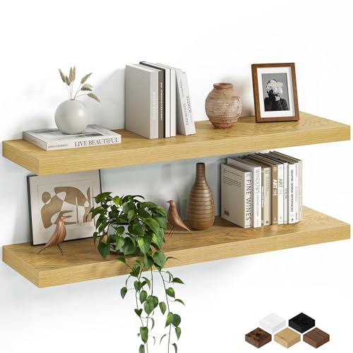 Fun Memories Floating Shelves for Wall, 32 Inch Set of 2 Rustic Wood Wall Shelves with Invisible Brackets, Heavy Duty Storage Display for Living Room Bedroom Kitchen, Oak - color: Oak, size: 32"W x 6.5"D, Set of 2