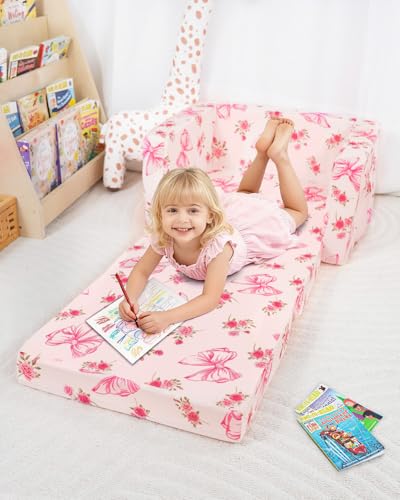 Kids Couch, 2-in-1 Kids Fold Out Couch | Convertible Sofa to Lounger for Girls and Boys, Soft Toddler Chairs Comfy 1-3 Years Old, Pink Bow - color: Pink Bow