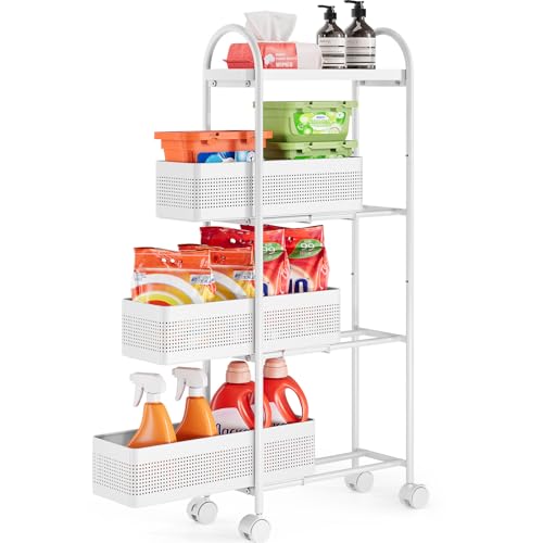 KINGRACK 4 Tier Slim Rolling Cart with Drawer, Metal Utility Storage Cart | 3 Pull-out Baskets, Lockable Wheels, Narrow Space Trolley Organizer for Bathroom, Kitchen, Office, Dorm, Laundry Room, White - color: White, size: 4 Tier-3BKT