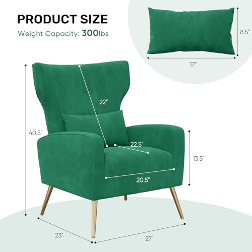 Nebuaegis Velvet Accent Chair Wingback for Living Room, High Back Arm Chair with Golden Legs Lumbar Pillow, Upholstered Single Sofa Bedroom Green - color: Green, size: Set of 1
