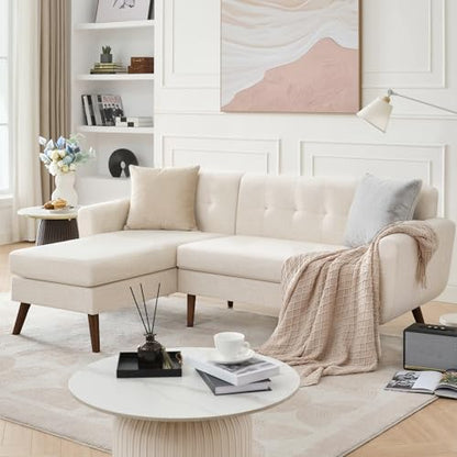 Tbfit L Shaped Couch Sofa, 80" W Mid-Century Modern Sectional Couches, 3 Seater Sofas with Wide Chaise Lounge, Button Tufted Upholstered Sectional Sofa for Living Room, Bedroom, Beige - color: Beige, size: 80" L-shape