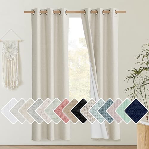 NICETOWN Natural Thick Linen Blend 100% Blackout Curtains 70" Long 2 Panels Set for Bedroom, 34" Wide, Rustic Grommet Thermal Insulated Flax Textured Full Blackout Window Draperies with White Liners - color: Natural, size: 34"W x 70"L (Pack of 2)
