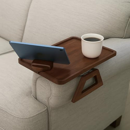 Bamboo Couch Arm Table with Device Holder, Clip On Tray. for TV Dinners, Remotes, Drinks, Snacks and Small Spaces (Rectangular with Device Holder, Brown, Regular 13.75 x 9.5) - color: Brown, size: Regular 13.75 x 9.5", style: Bamboo Rectangular with Devic