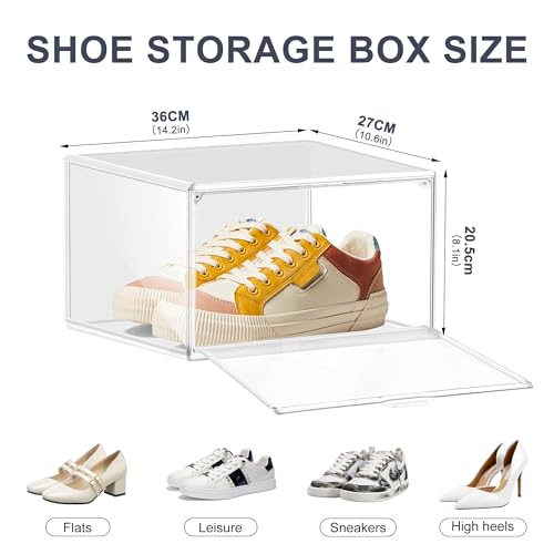 5 Pack Clear Plastic Shoe Boxes with Acrylic Magnetic Door, Size 12 | Stackable Shoe Storage Organizer for Closet, Fit Size 12 Everyday Casual Shoes, Sneakers