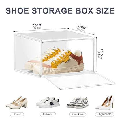 5 Pack Clear Plastic Shoe Boxes with Acrylic Magnetic Door, Size 12 | Stackable Shoe Storage Organizer for Closet, Fit Size 12 Everyday Casual Shoes, Sneakers