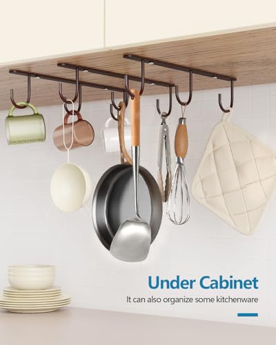 3 Pack Mug Hooks Under Cabinet with 9 Hooks for Displaying Mugs, Brown | Coffee Mug Holder for Hanging Under Shelf, Cup Hanger, Coffee Cups and Kitchen Utensils - color: Brown