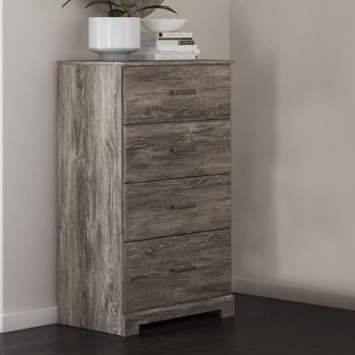 Signature Design by Ashley Ralinksi 4-Drawer Dresser Chest, Warm Gray | Engineered wood (MDF/particleboard/plywood) and decorative laminate, Rustic modern style, Replicated oak grain, Bedroom use - color: Grayish Brown, style: Chest of Drawers