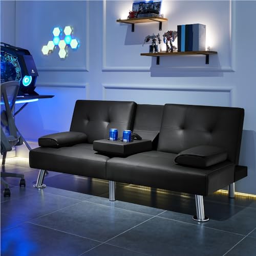 Yaheetech Convertible Futon Sofa Bed Loveseat with Cup Holder, Black | 3 Angles Sofa, Recliner Chair, Bed, Compact Faux Leather Love Seat for Living Room, Kids Guest Room, Dorm, Small Apartment - color: Black