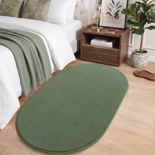 Soft Oval Rug for Bedroom, 2.6 x 5.3 Sage Green Bedroom Bedside Rug | Thickened Memory Foam Rug with Upgraded Non-Slip Silicone Backing, Fluffy Washable Rug for Boys Girls Dorm Nursery Room Decor - color: Sage Green, size: 2.6' x 5.3' (Oval)
