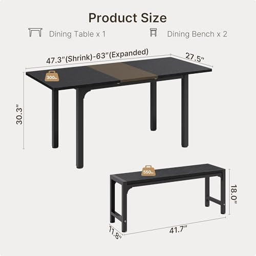 63“ Extendable Dining Table Set with 180° Smart-Flip Pivot, Black | Dining Table Set for 4,Kitchen Table with Bench,Small Dining Table,Perfect for Small Space,Dinner Room Table Set for 6 - color: Black