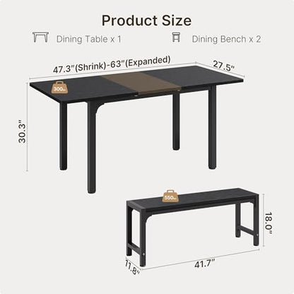 63“ Extendable Dining Table Set with 180° Smart-Flip Pivot, Black | Dining Table Set for 4,Kitchen Table with Bench,Small Dining Table,Perfect for Small Space,Dinner Room Table Set for 6 - color: Black