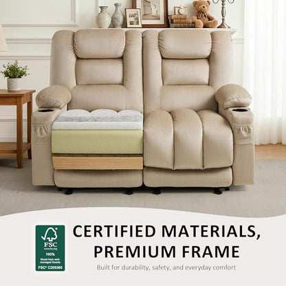 MCombo 56 in Reclining Loveseat Recliner with Heat & Massage PR648 (Beige) | 155° Zero Gravity, Dual Charging Ports, Cup Holders, FSC & OEKO Certified - color: Beige, size: Loveseat Recliner with Zero Gravity