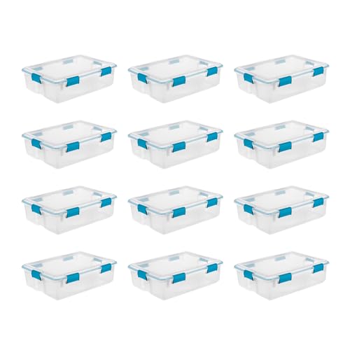 Sterilite Gasket Storage Box with Lids for Home & Office, 37 Quart, 12-Pack | Heavy-Duty, Stackable, and Organizing Containers for Bathroom, Cabinet, Closet, and Garage, Clear and Blue Aquarium Latches - size: 37 Quart, style: 12 Pack