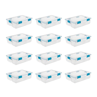 Sterilite Gasket Storage Box with Lids for Home & Office, 37 Quart, 12-Pack | Heavy-Duty, Stackable, and Organizing Containers for Bathroom, Cabinet, Closet, and Garage, Clear and Blue Aquarium Latches - size: 37 Quart, style: 12 Pack