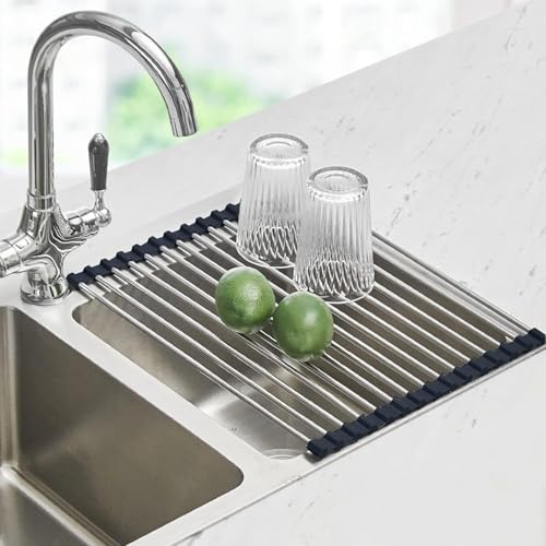 Seropy Roll Up Dish Drying Rack Over the Sink Drying Rack for Kitchen Counter, Rolling Dish Rack Over Sink Mat, Foldable Dish Drainer Stainless Steel Rack Kitchen Organization Gadgets 17.5"x11.8" - color: Black, size: 17.5 x 11.8 in