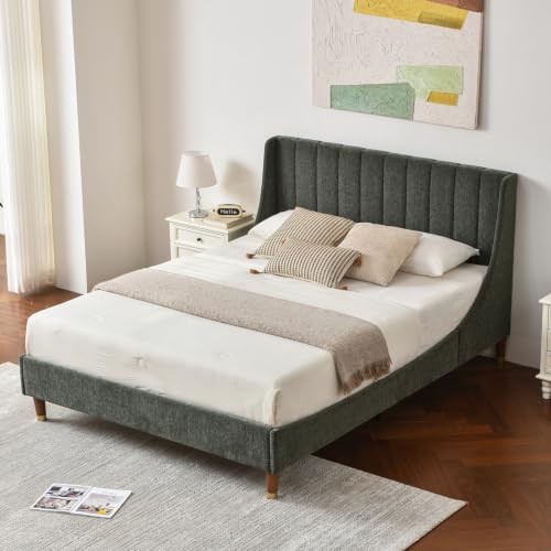 YUHUASHI Queen Size Bed Frame with Linen Fabric Twin Wingback Headboard, Upholstered Platform Bed with Wooden Slat Support, Noiseless, No Box Spring Required (Turtle, Queen) - color: Turtle, size: Queen