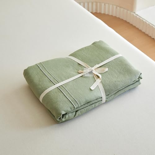 Simple&Opulence 100% Washed Linen Duvet Cover Set 68"x86" - 2 Pieces Soft Farmhouse Comforter Set Double Embroidered with Button Closure - 1 Duvet Cover and 1 Pillowsham (Sage Green, Twin) - color: 2 Embroidery Sage Green, size: Twin