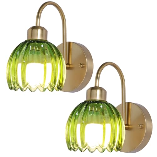 Rechargeable Battery Operated Sconces Wall Decor Set of 2,Vintage Green Tulip Glass Lampshade Cordless Battery Powered Wall Lamp for Bedroom Living Room Kitchen - color: Tulip Green