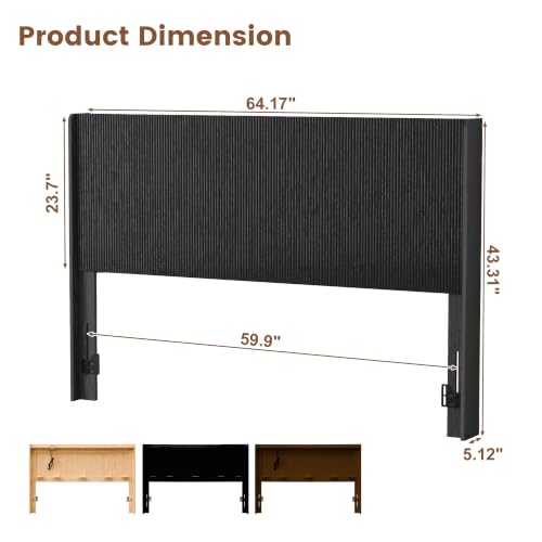Fluted Headboard Queen Size, Modern Black Headboard with Lighting&Power Outlets, Wall Mounted Headboard Only with Storage, Anti-Tip Kit, Height Adjustable - color: Black, size: Queen