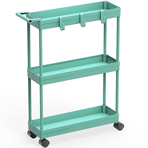 Simple Houseware 3-Tier Slim Rolling Cart w/Handle 5.5" Wx27.5 H, Turquoise | Storage Cart for Narrow Space (5.5-Inch Wide) Kitchen, Bathroom, Laundry Room - color: Turquoise