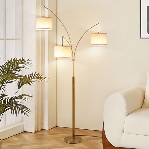 Netin Gold Floor Lamp, Arc Floor Lamps for Living Room Bright Lighting, 3 Light Dimmable Floor Lamp with Remote Control, 3 Color Temperature, Tree Floor Lamp for Bedroom Office - color: Gold-Beige Linen Shade