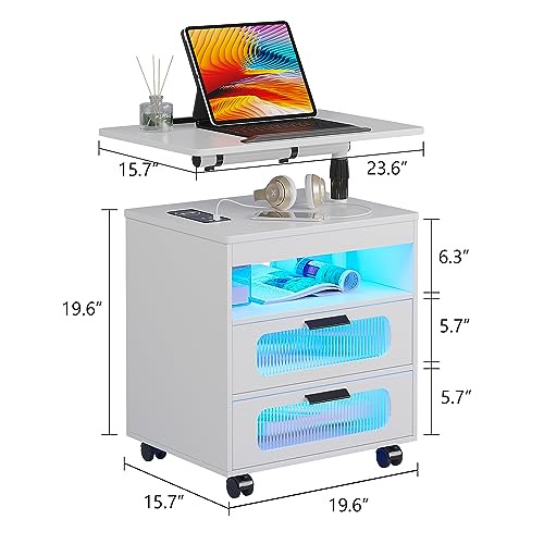 HNEBC Nightstand with Wireless Charging Station, LED Nightstand Has Adjustable Rotary Workstation,Smart Night Stand with 2 Drawers,Modern Bedside Table for Bedroom, Sensor Light/Wheel (White) - color: 9603-1-white