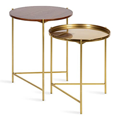 Kate and Laurel Ulani Modern Nesting Side Table, Set of 2, Walnut Brown Wood and Gold Metal, Glamorous End Tables for Storage and Display - color: Walnut Brown/Gold
