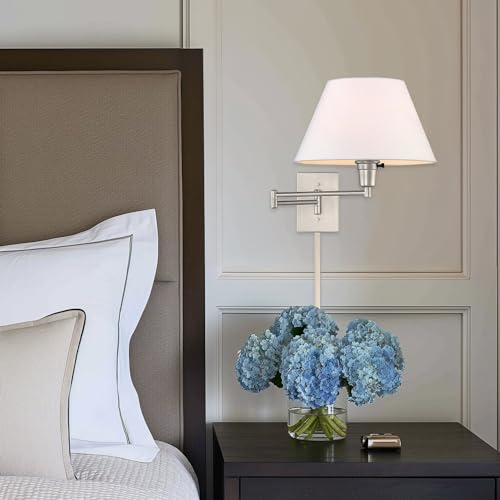 Kira Home Cambridge 15" Modern Swing Arm Wall Sconce + 3-Way Switch, 2-Pack | White Empire Fabric Shade, 2-in-1 Plug In or Hardwired Bedroom Wall Lamp, Satin Nickel Finish - color: Brushed Nickel,White Shade,2-Pack