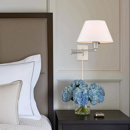 Kira Home Cambridge 15" Modern Swing Arm Wall Sconce + 3-Way Switch, 2-Pack | White Empire Fabric Shade, 2-in-1 Plug In or Hardwired Bedroom Wall Lamp, Satin Nickel Finish - color: Brushed Nickel,White Shade,2-Pack