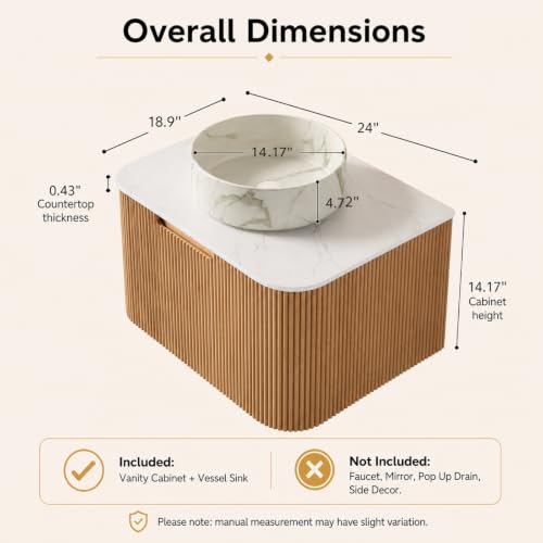 24" Floating Bathroom Vanity with Sink, Wall Mounted Plywood Cabinet, Natural Wood Grain Fluted Front, Sintered Stone Countertop, White Marble-Look Ceramic Vessel Sink, Soft-Close Drawer - color: Natural Oak Cabinet / White Marble Sink, size: 24 Inch