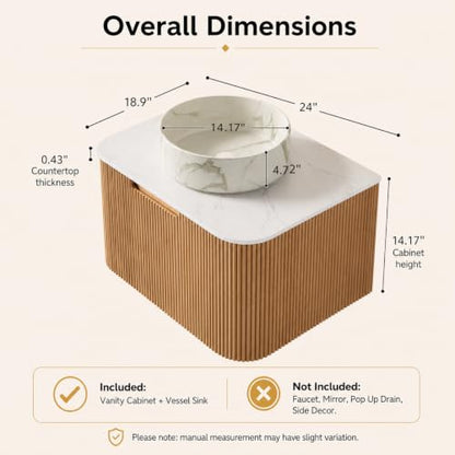 24" Floating Bathroom Vanity with Sink, Wall Mounted Plywood Cabinet, Natural Wood Grain Fluted Front, Sintered Stone Countertop, White Marble-Look Ceramic Vessel Sink, Soft-Close Drawer - color: Natural Oak Cabinet / White Marble Sink, size: 24 Inch