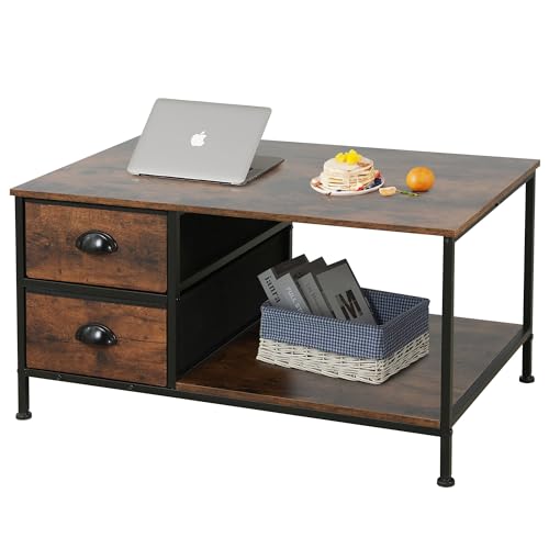 SENIG Small Coffee Table with Drawers for Living Room 31.5 Inch Brown Oak | 2-Tier Coffee Table with Storage Simple Center Table for Small Spaces Rectangle Metal Side End Table for Home Kitchen - color: Brown With Drawers, size: 31.5in