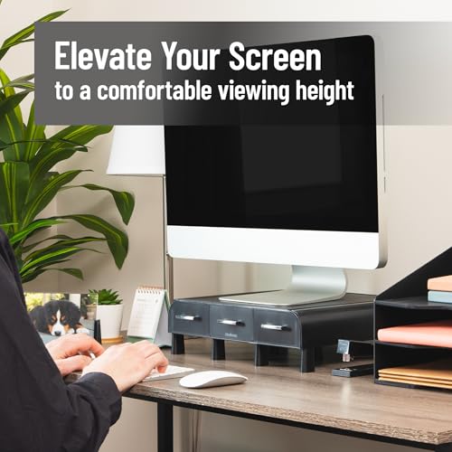 Mind Reader Monitor Stand, Laptop Riser, Desktop Organizer, Storage Drawer, Office, Plastic, 13.5"L x 13"W x 4"H, Black - size: 1 Pack