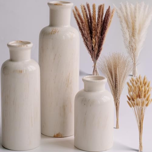 Pampas Grass with Vase Set – 3 Beige White Ceramic Vases with Natural Dried Pampas, Bunny Tails & More – Neutral Farmhouse Decor for Fireplace, Home, Mantel, Entryway, Kitchen & Boho Table Centerpiece