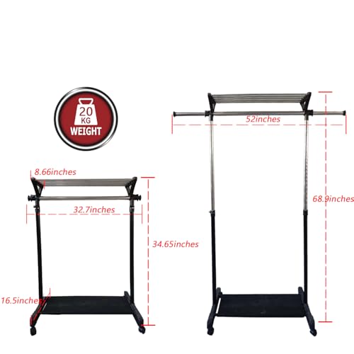 Clothes Rack on Wheels with Extra Top Storage Shelf, Expandable Rolling Garment Rack for Hanging Clothes, Heavy-duty Metal Stainless Steel Adjustable Organizer for Bedroom, Living Room