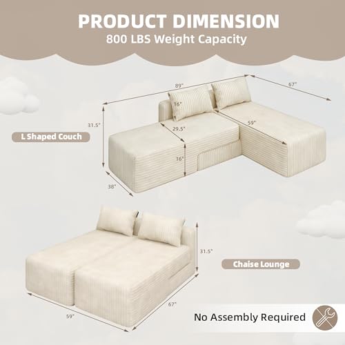 Boneless Sectional Couch, 4 in 1 Convertible Cloud Couch with Reversible Chaise & Deep Seat, Modular Sectional Sofa for Apartment, No Assembly Corduroy Foam Couch in a Box, Beige - color: Beige, size: 89" Convertible Chaise Corduroy