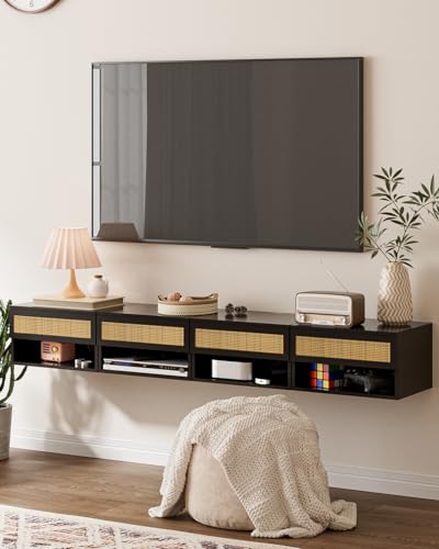 Modern Floating Nightstand with Drawer, Wall Mount Shelves, Black Rattan | Small Space Saver, Modern Minimalist Design, Wall Mounted Shelves, for Bedroom, Bathroom, Living room, Easy Assembly, Rattan - color: Black Rattan