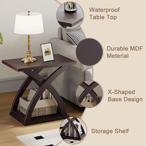 ChooChoo Side Table, Modern End Table with Storage Shelf, X-Design | Simple shape, Living Room, Brown - color: Espresso, size: 15.7"D x 21.7"W x 19.6"H