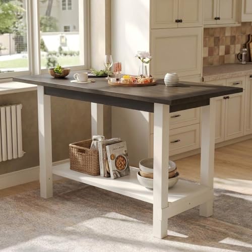 Kmax 47.25" Kitchen Island with Storage, Farmhouse Solid Wood Stationary Dining Table with Large Worktop, Modern Coffee Bar Table for Small Space, Rustic Brown and White - color: White- Brown
