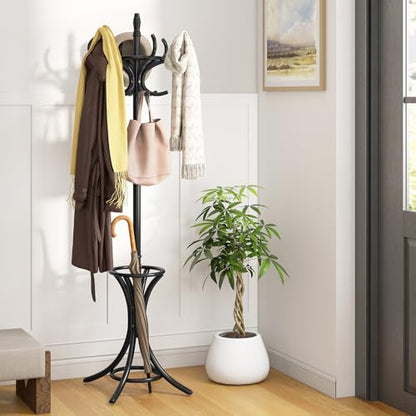 Giantex Solid Wood Coat Rack, Freestanding Hall Tree w/12 Hooks, Umbrella Holder, Entryway Hanger Stand for Coat, Hats, Scarves, Bags, Wooden Garment Rack for Bedroom, Hallway (Black) - color: Black