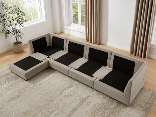 Modular Ottoman Seat, Sectional Sofa Cube Footstool, Taupe Terry | Sectional Sofa Cube - color: Taupe