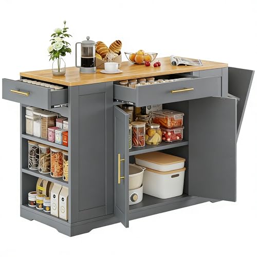 DWVO Large Kitchen Island with Trash Can Cabinet | 53 Inch Kitchen Island on Wheels, Rolling Island with Tilt‑Out Garbage Storage Fits 13 Gallon Bin and Drawer - color: Grey