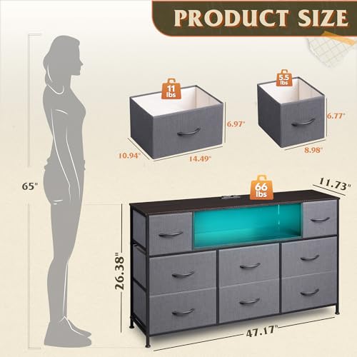WLIVE LED Dresser TV Stand for 55 Inch TV, 8 Drawers, Dark Grey | Fits TVs up to 55 inch, 8 fabric drawers, LED chest of drawers, Built-in power outlet, Living room or bedroom - color: Dark Gray